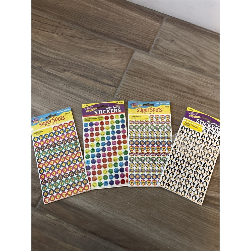 4 Vintage 1990s Trend Super Spots Stickers Silly Stars Smiley Penguins T-46157